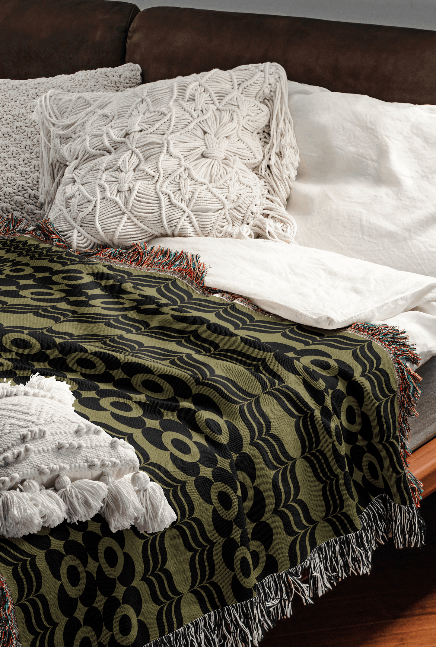 Retro Olive Green Mid-Century Woven Throw Blanket