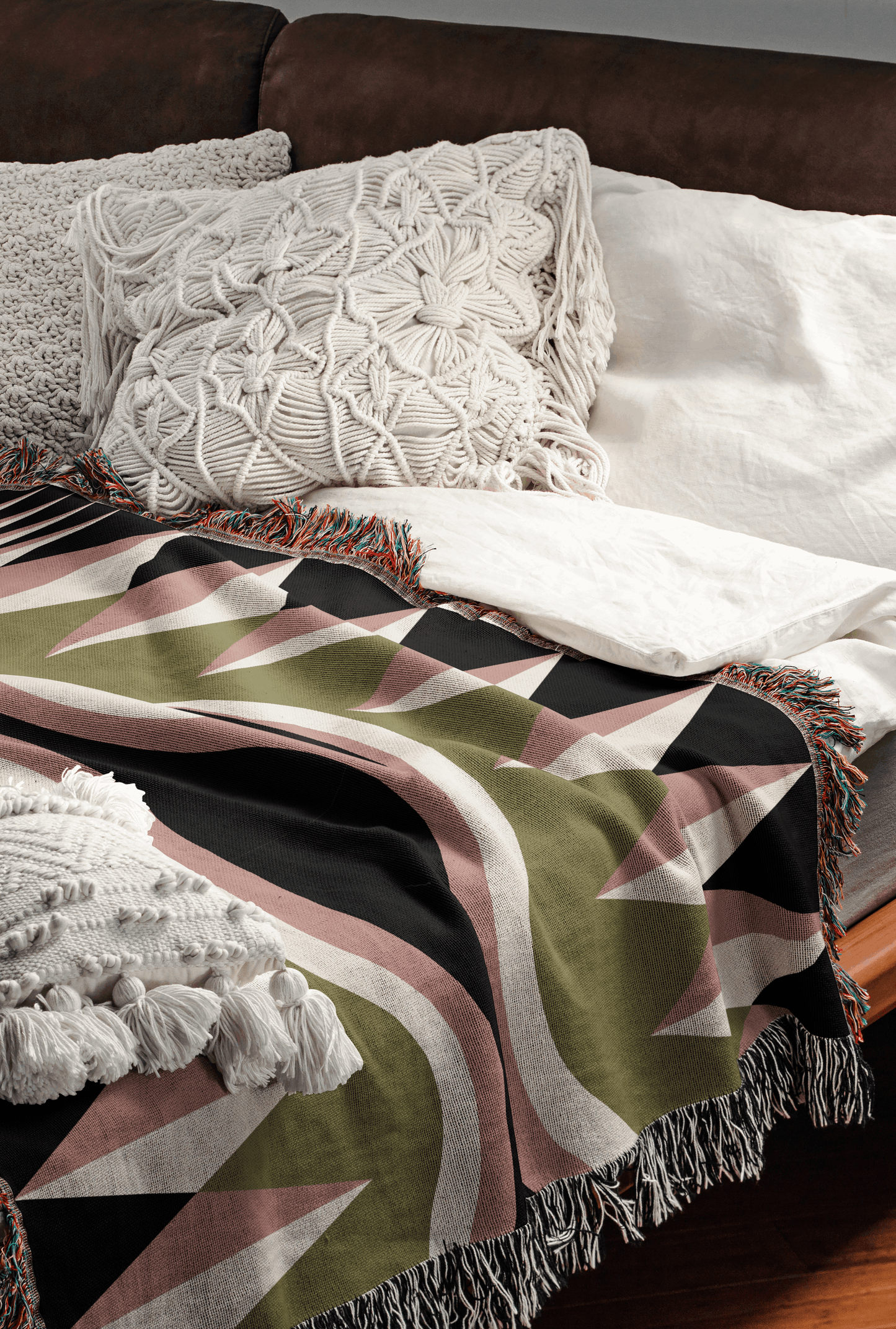 Olive Green and Pink Wavy Zigzag Throw Blanket