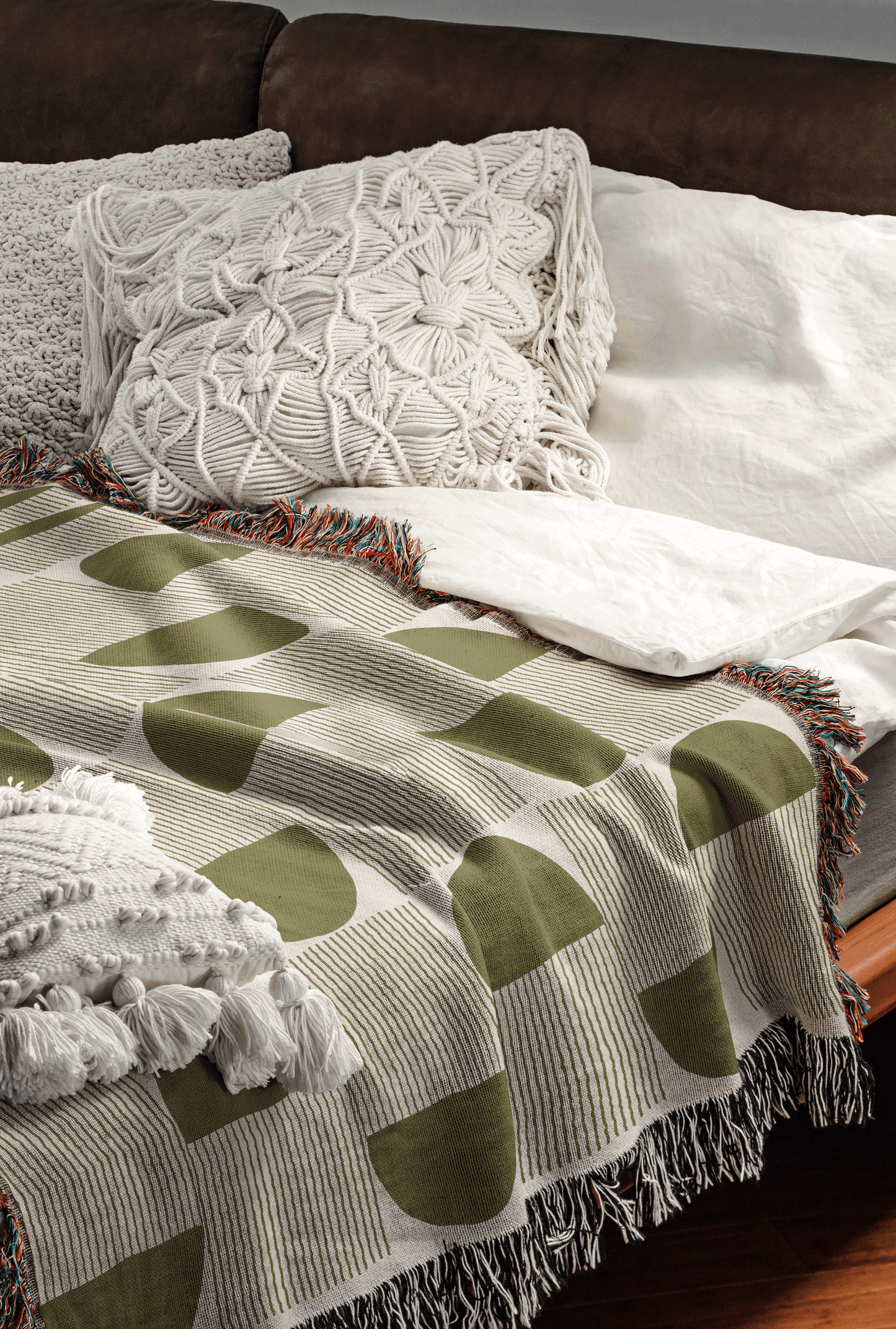 Modern Minimalist Woven Throw Blanket with Olive Half-Moon Pattern
