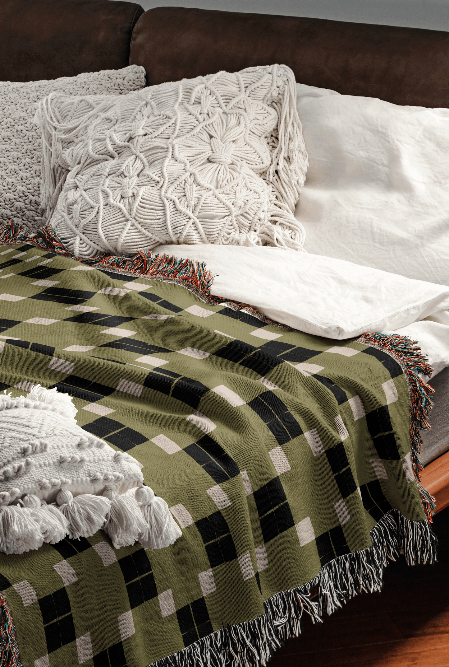 Modern Geometric Woven Throw Blanket – Olive & Charcoal Pixel Grid