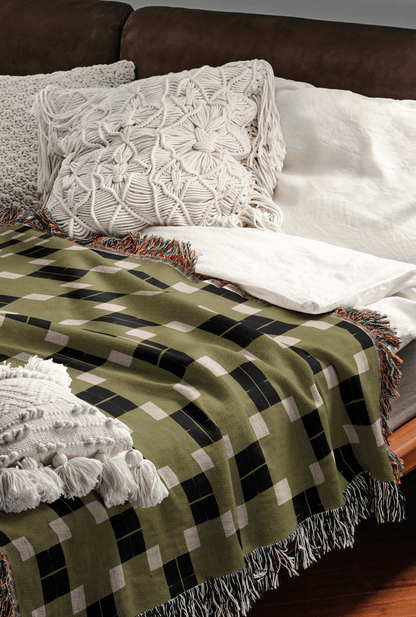 Modern Geometric Woven Throw Blanket – Olive & Charcoal Pixel Grid