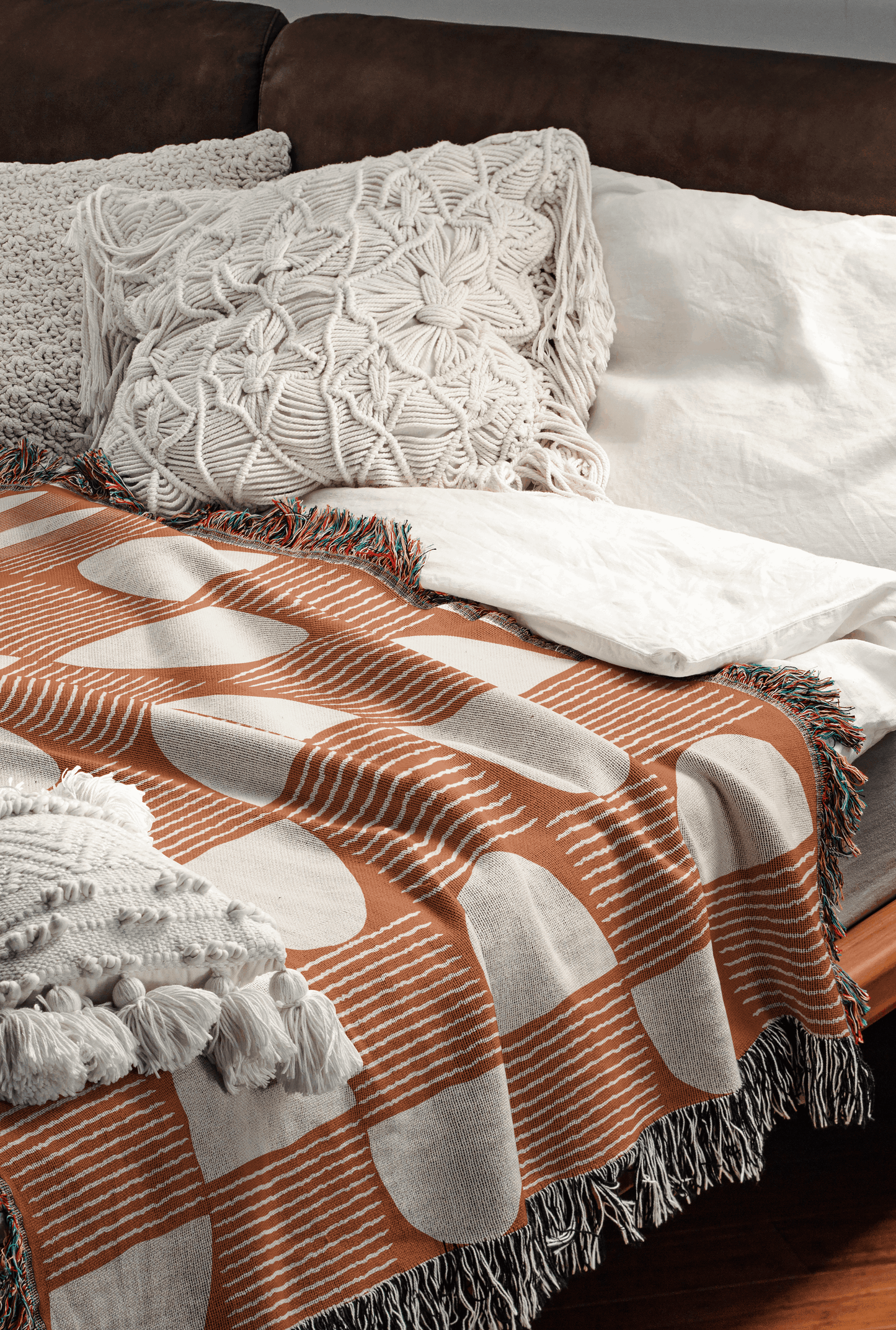 Terracotta Geometric Woven Throw Blanket with Half-Moon Pattern