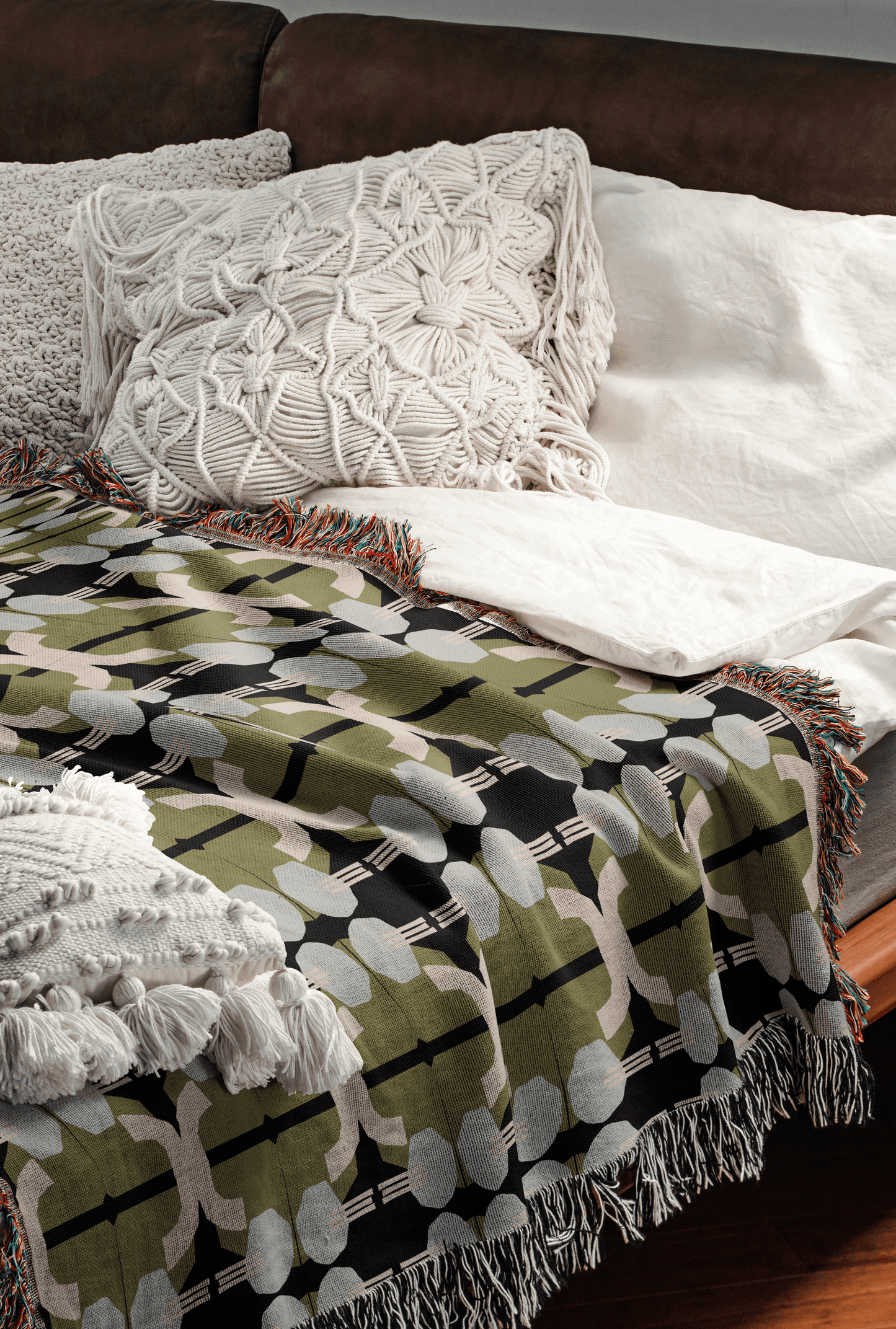 Modern Olive Green and Light Blue Woven Throw Blanket