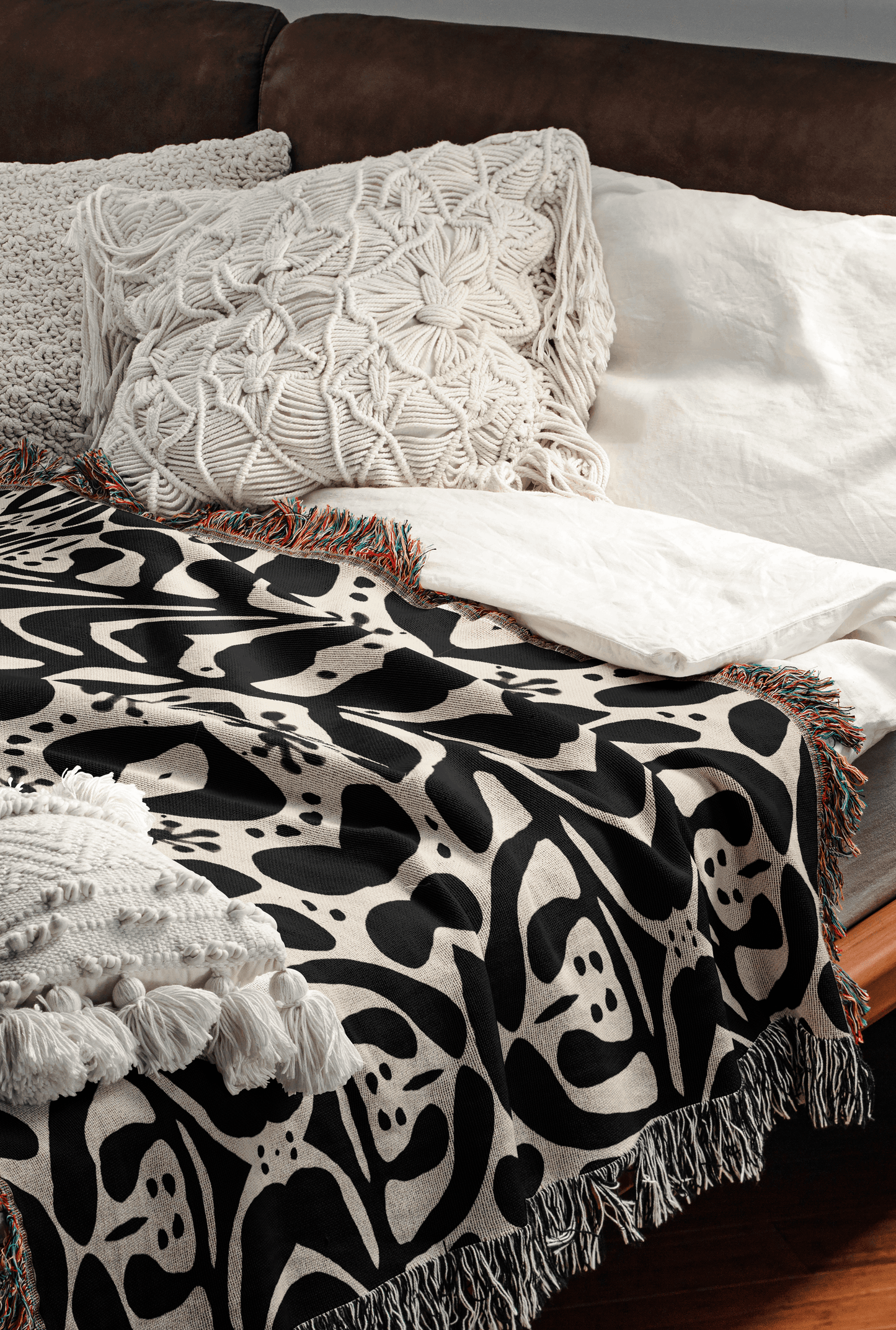 Black & Ivory Organic Motif Woven Throw Blanket