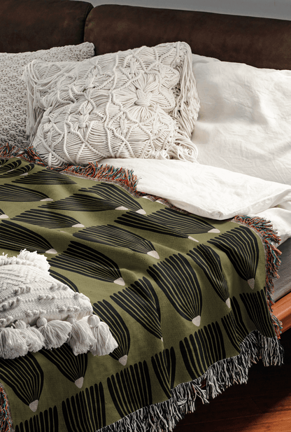 Boho Green Geometric Woven Cotton Blanket