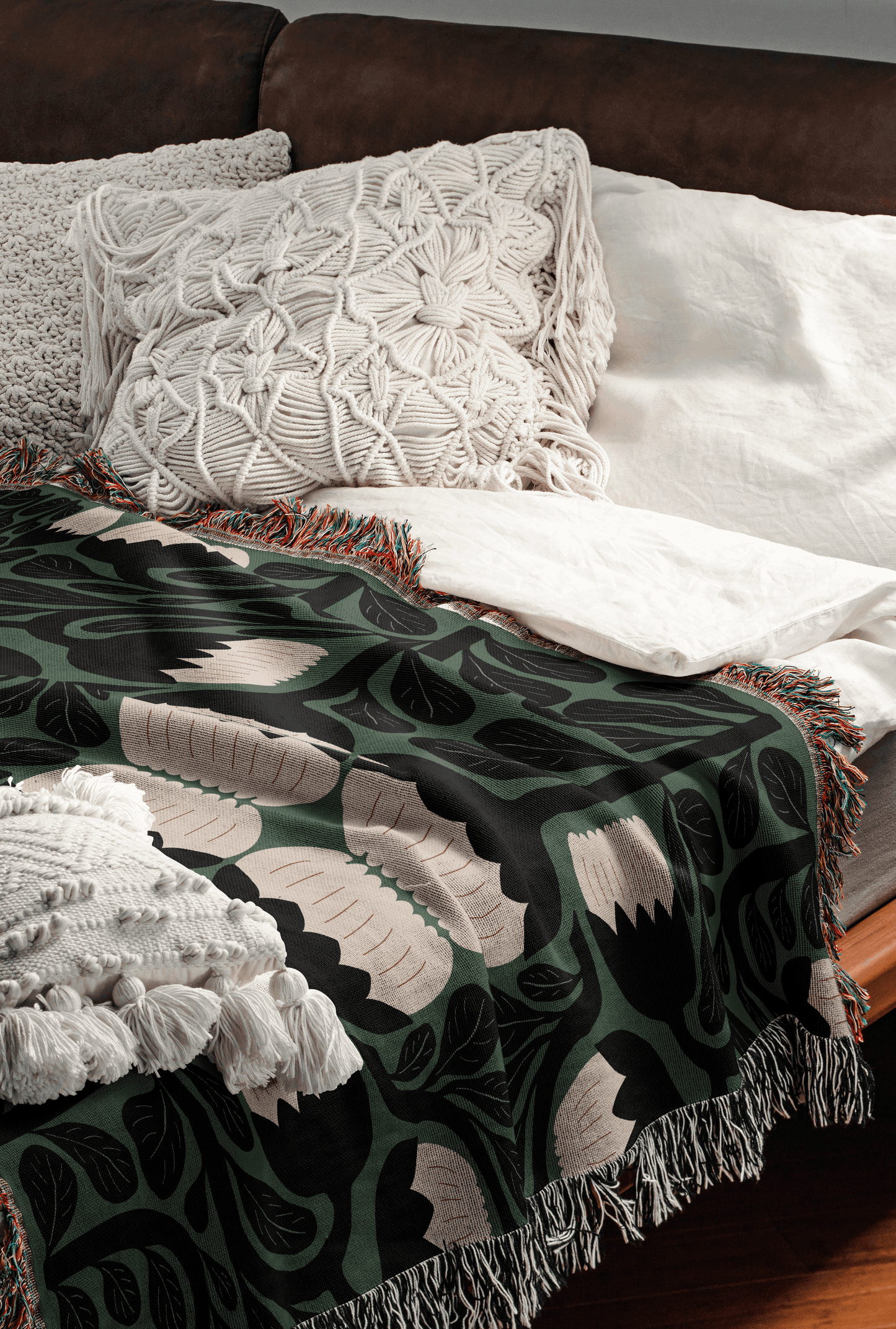 Green Boho Matisse Floral Woven Cotton Blanket