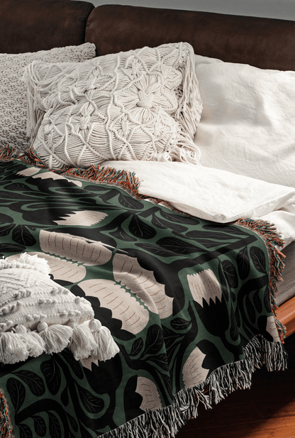 Green Boho Matisse Floral Woven Cotton Blanket