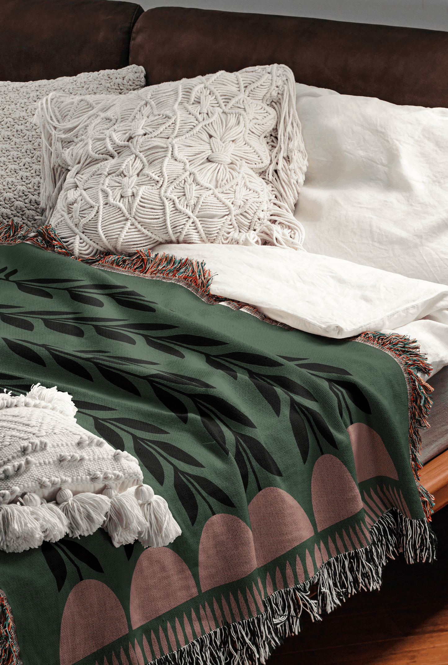 Green and Pink Botanical Woven Cotton Blanket