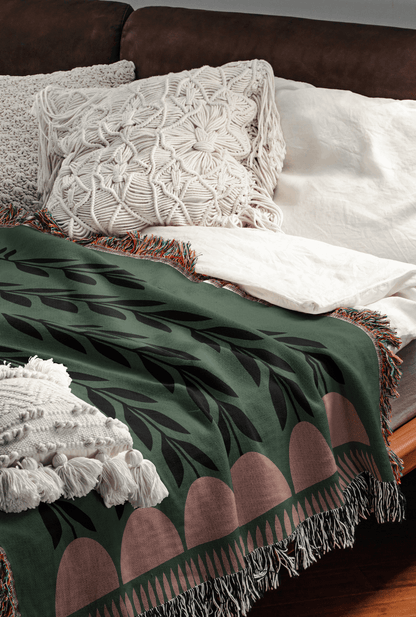 Green and Pink Botanical Woven Cotton Blanket