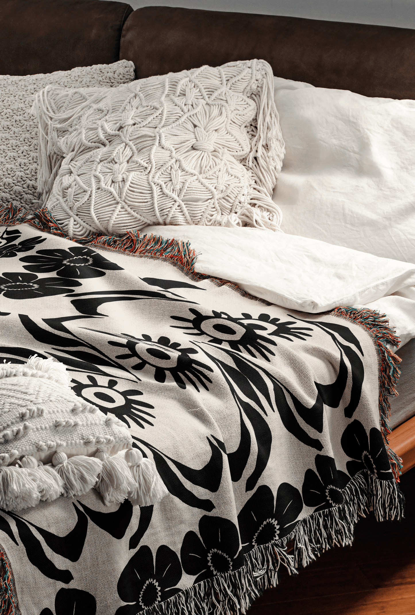Folk Art Floral Woven Throw Blanket – Black & Ivory Eye and Flower