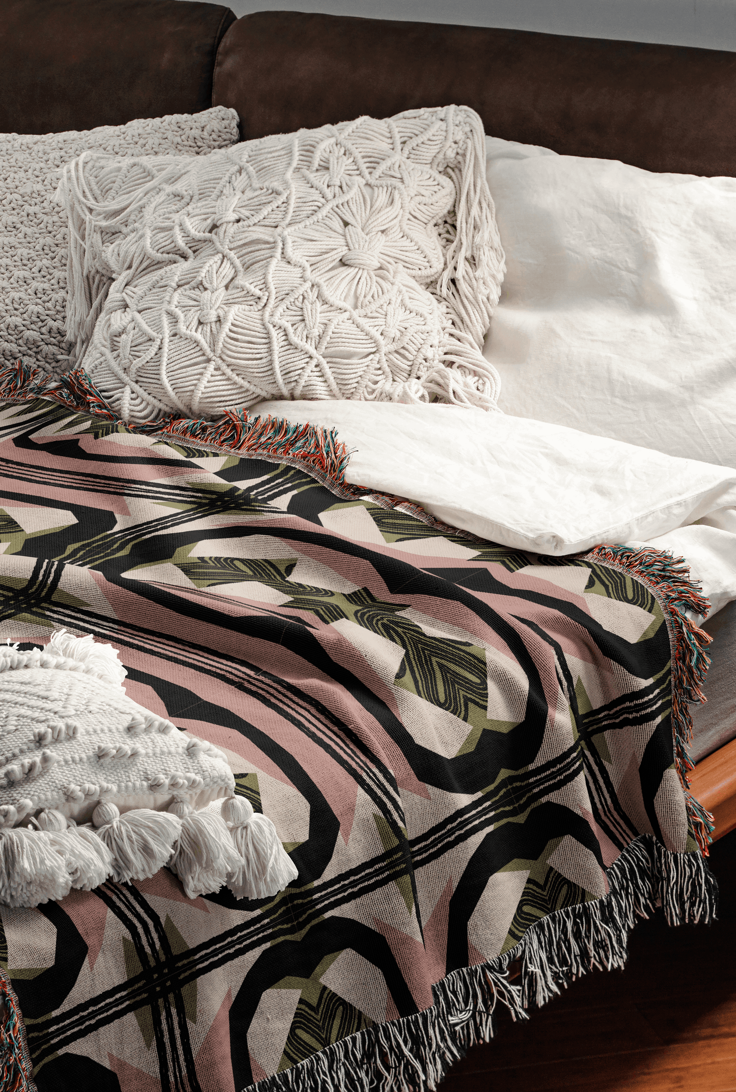 Vintage Kaleidoscope Woven Throw Blanket – Blush, Olive & Black