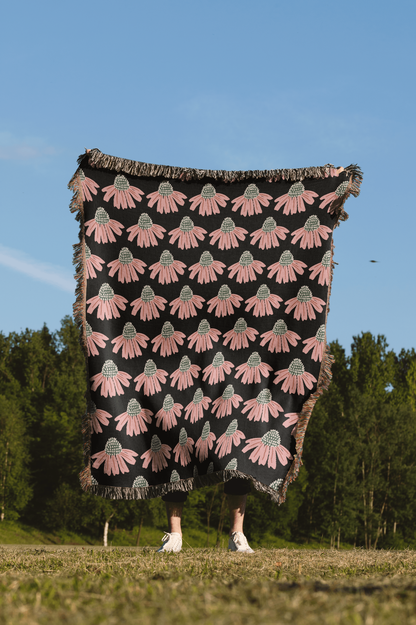 Vibrant Black and Pink Floral Woven Cotton Throw Blanket