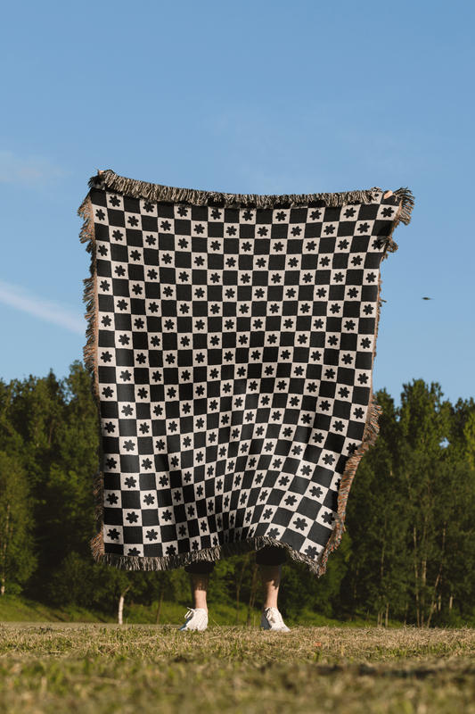 Retro Black and White Floral Check Cotton Throw Blanket from the 1960s