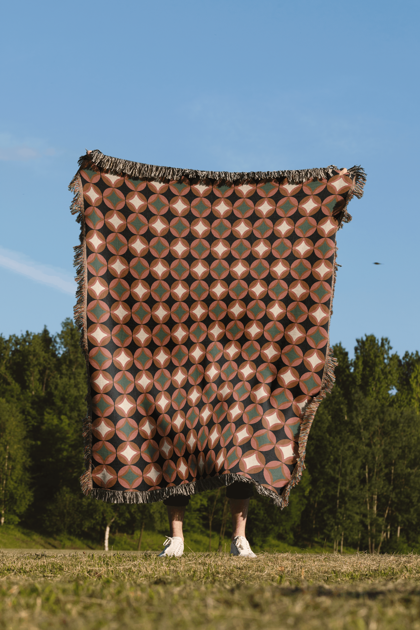 Burnt Orange and Green MCM Pattern Woven Cotton Throw Blankets