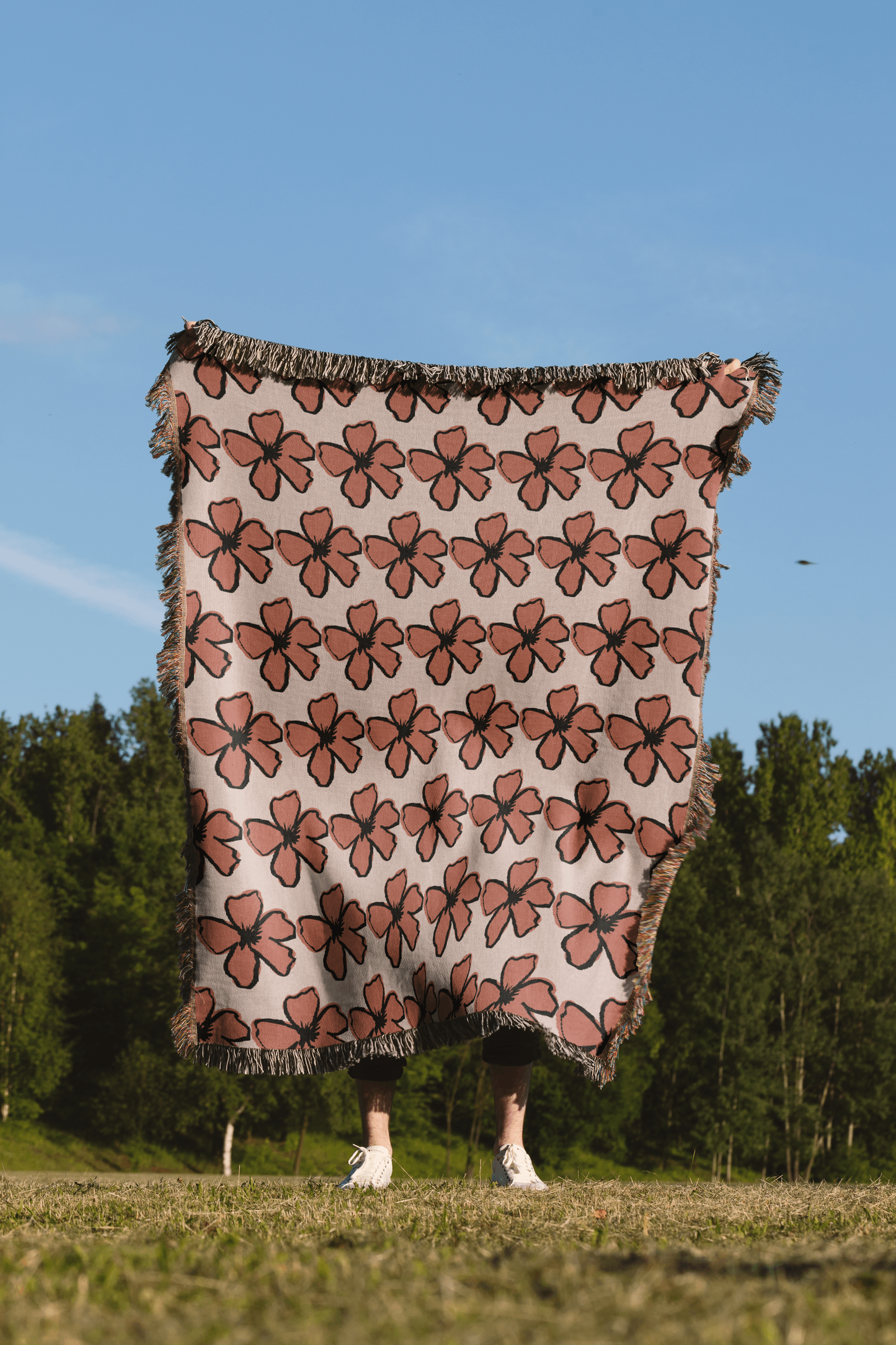 Dusty Rose and Rust Color Handdrawn Floral Woven Cotton Throw Blankets