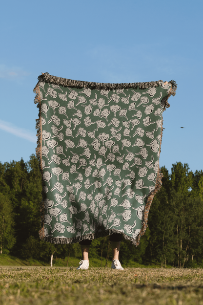 Green and White Modern Boho Flower Woven Cotton Throw Blankets