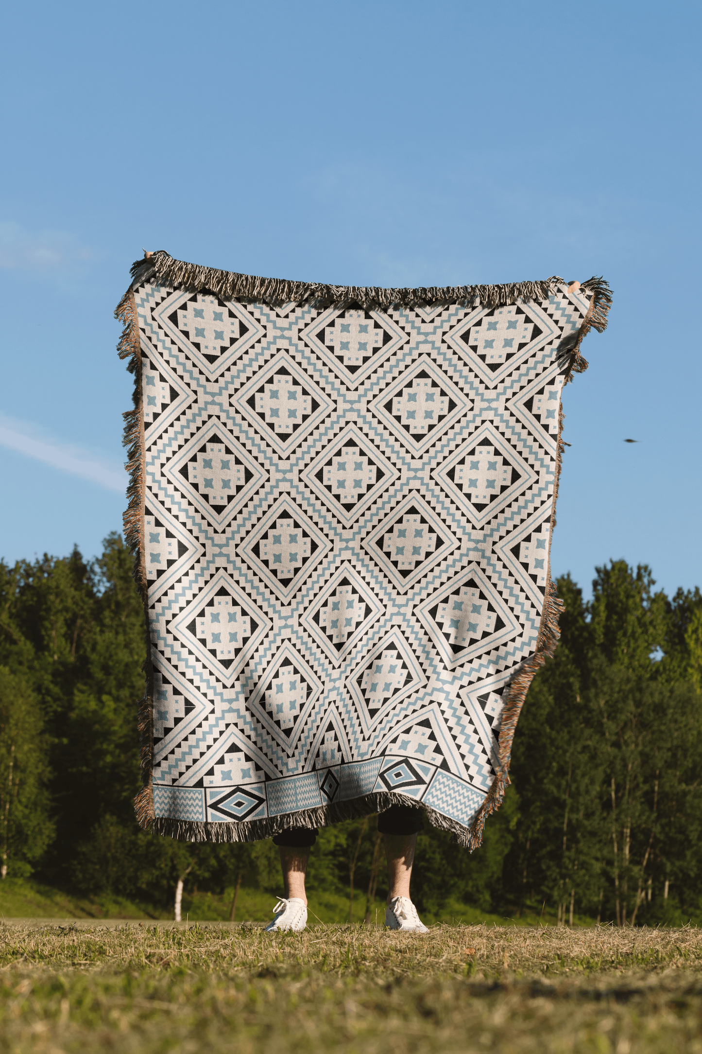 Batik-Inspired Geometric Cotton Throw Blanket in Blue, Black, and White