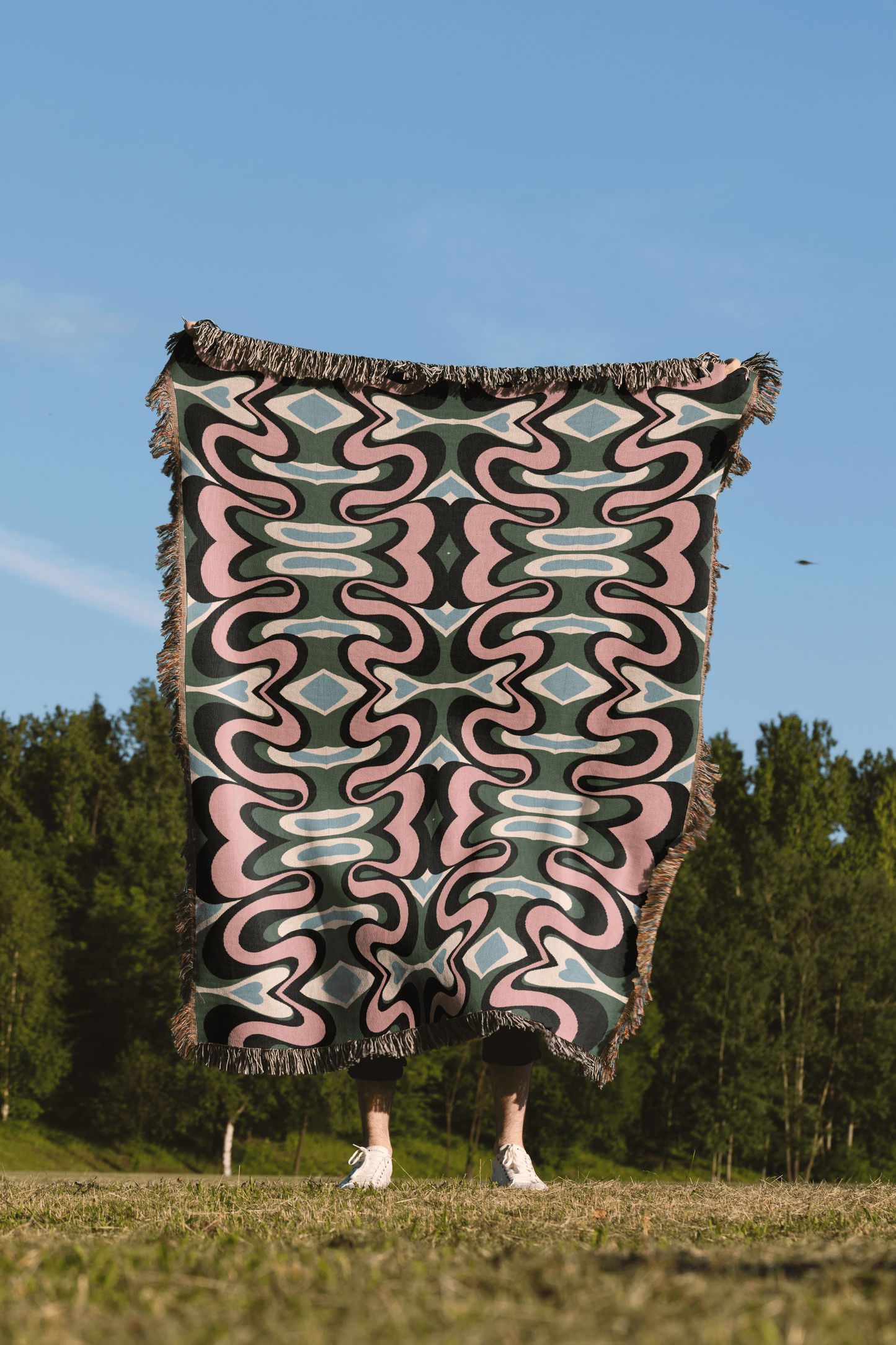 Vibrant Psychedelic Cotton Blanket in Green, Pink, Blue, and Black