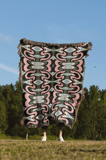 Vibrant Psychedelic Cotton Blanket in Green, Pink, Blue, and Black