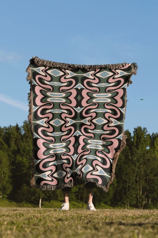 Vibrant Psychedelic Cotton Blanket in Green, Pink, Blue, and Black