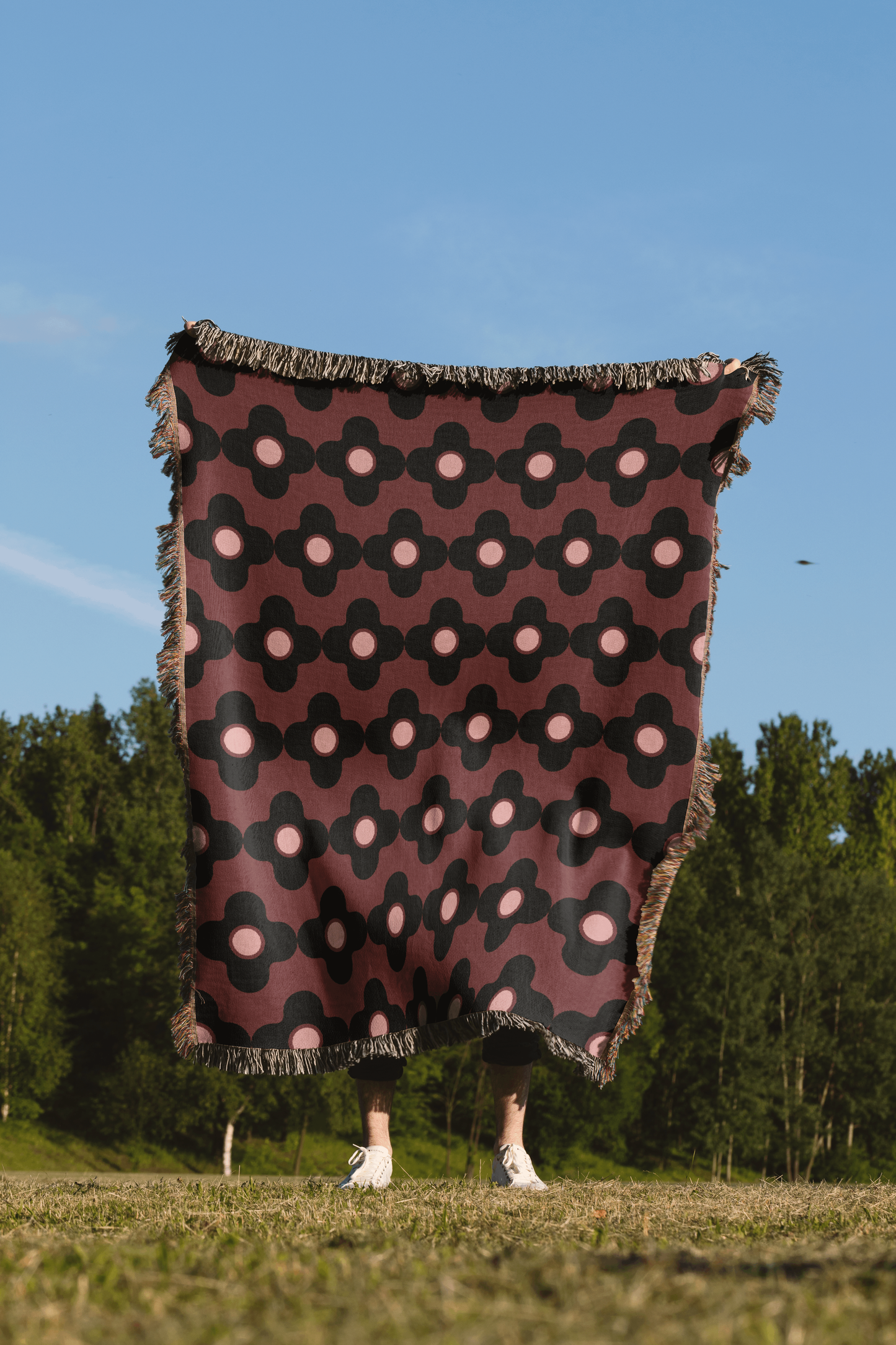 Psychedelic Maroon and Black Floral Woven Cotton Throw Blanket