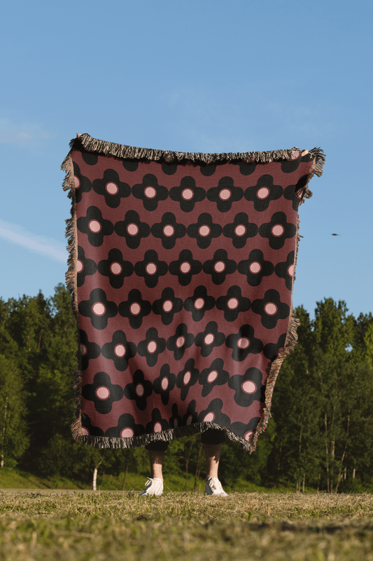 Psychedelic Maroon and Black Floral Woven Cotton Throw Blanket