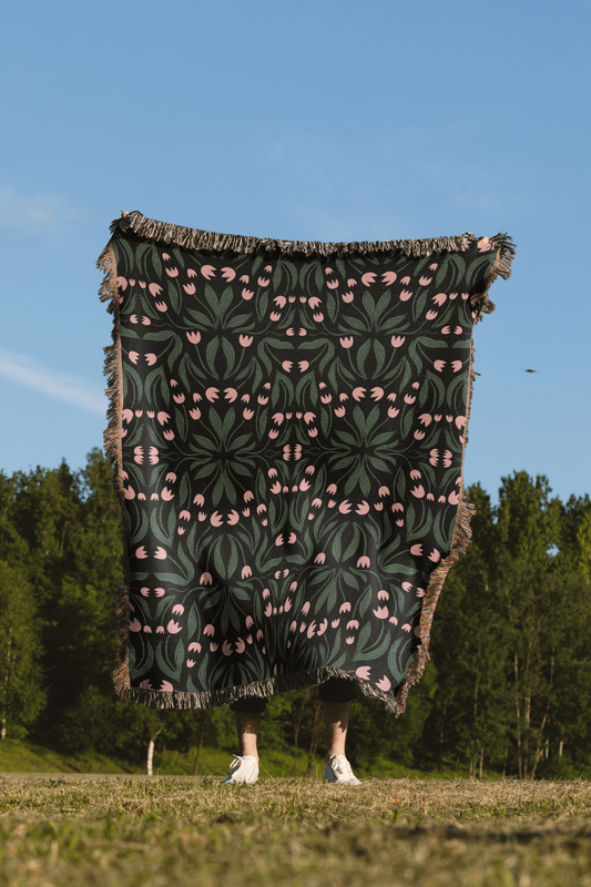 Green Pink and Black Floral Pattern Woven Blanket