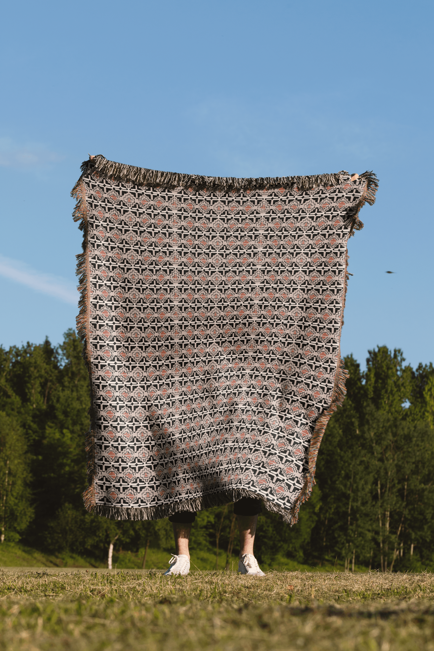 Vintage Terracotta and Black Geometric Woven Throw Blanket