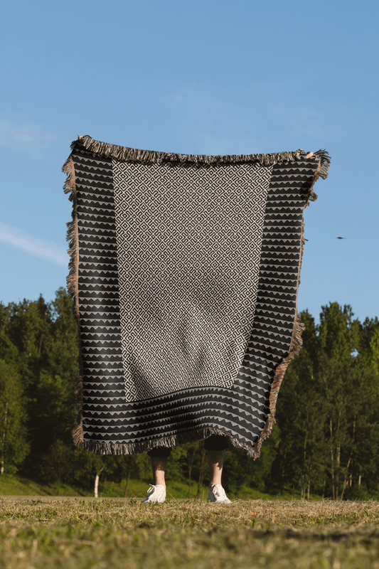 Modern Beige and Black Boho Lines Woven Blanket