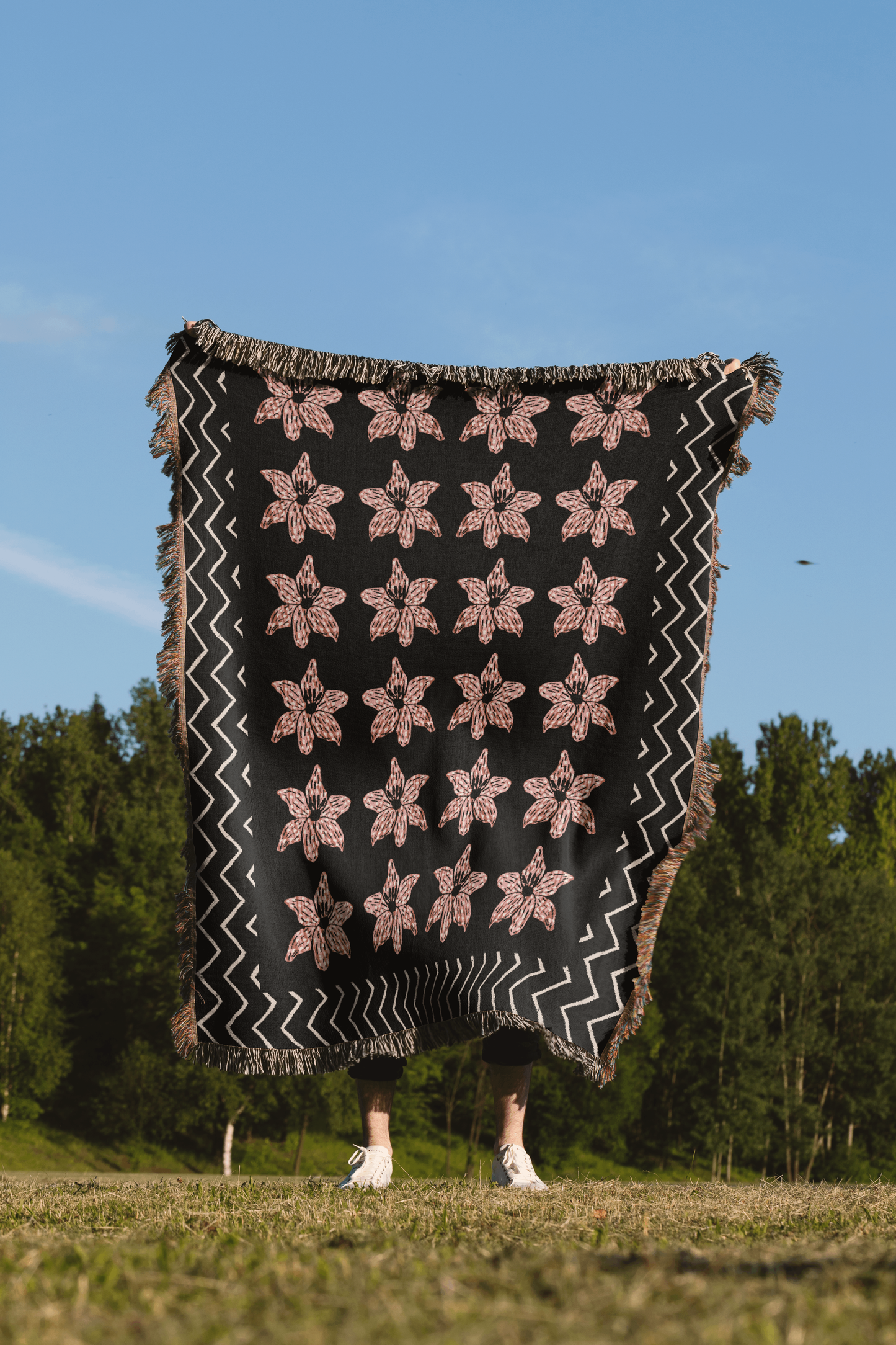 Black and Pink Contemporary Striped Flower Woven Blanket