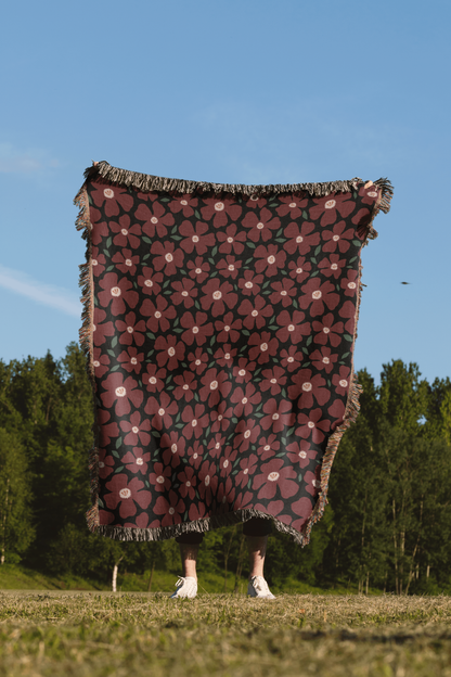 Maroon and Black Daisy Pattern Woven Blanket