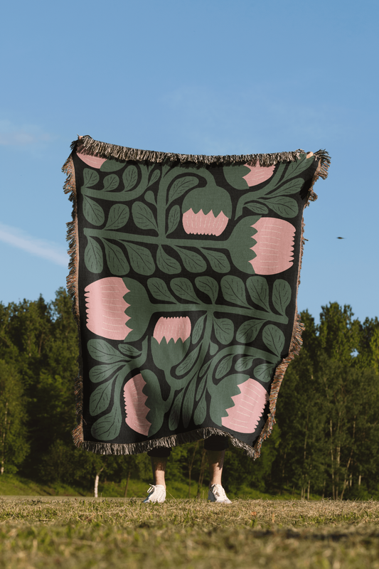Pink and Green Floral Scandinavian Woven Blanket
