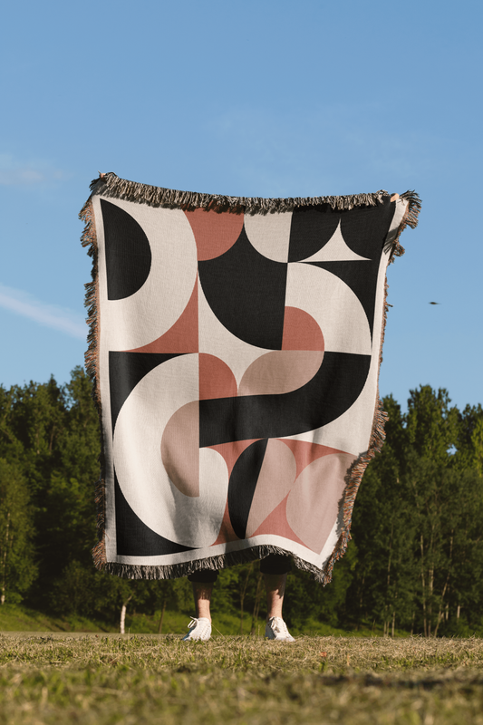 Bauhaus Geometric Woven Blanket in Black, White, and Terracotta