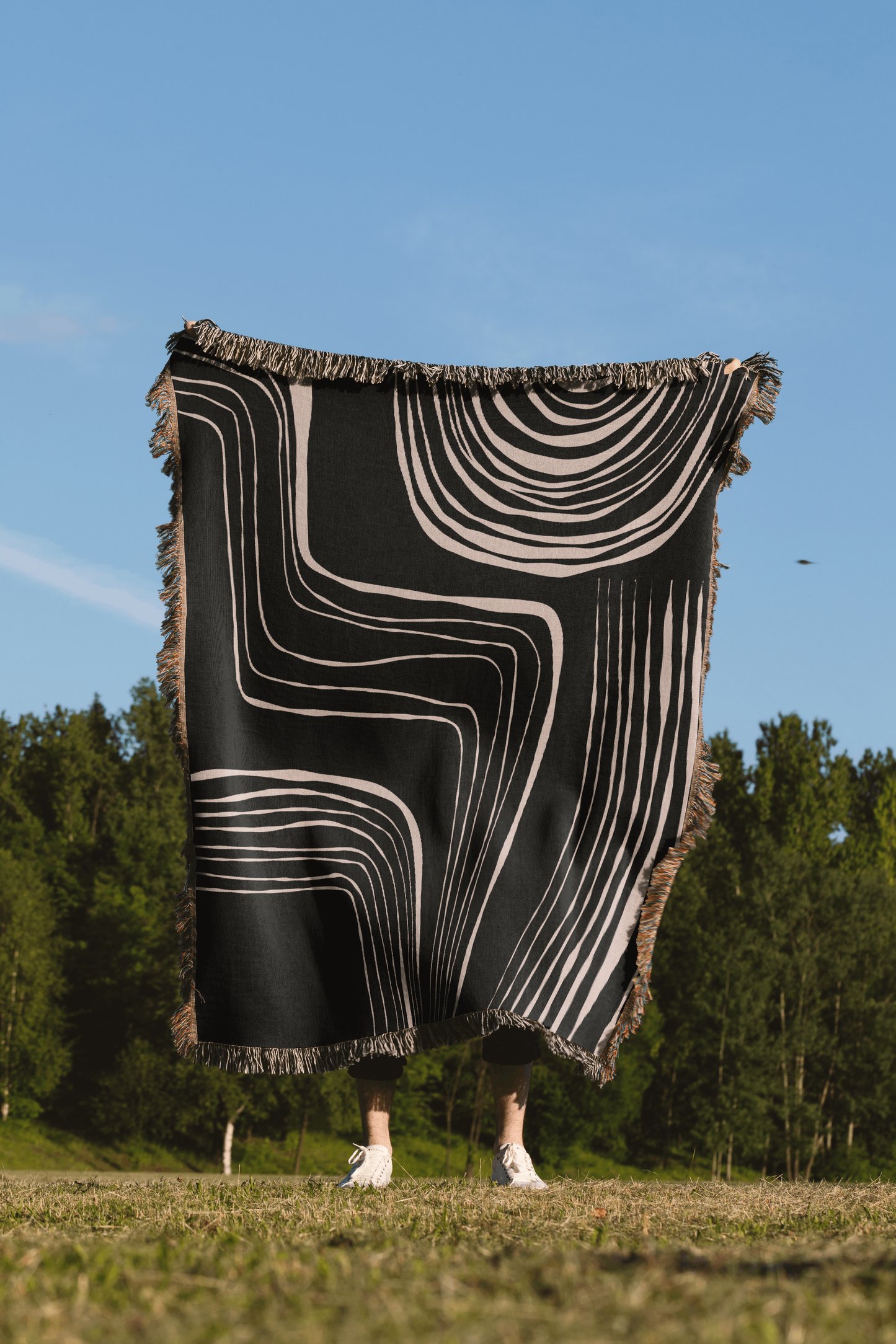 Black and Beige Minimalist Modern Lines Woven Blanket