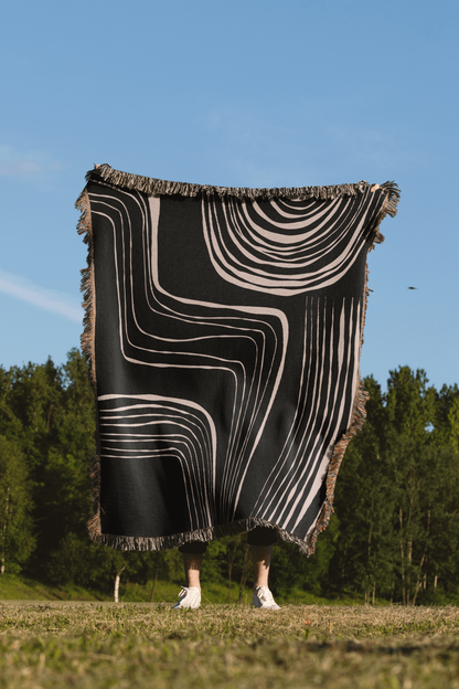 Black and Beige Minimalist Modern Lines Woven Blanket