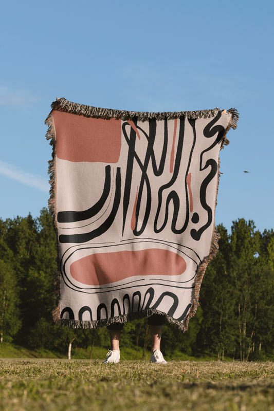 Abstract Terracotta and Black Scribble Woven Cotton Blanket