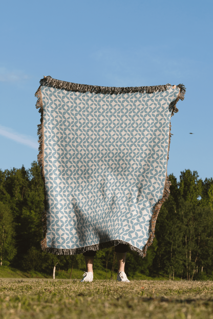 Blue and White Modern Geometric Woven Blanket