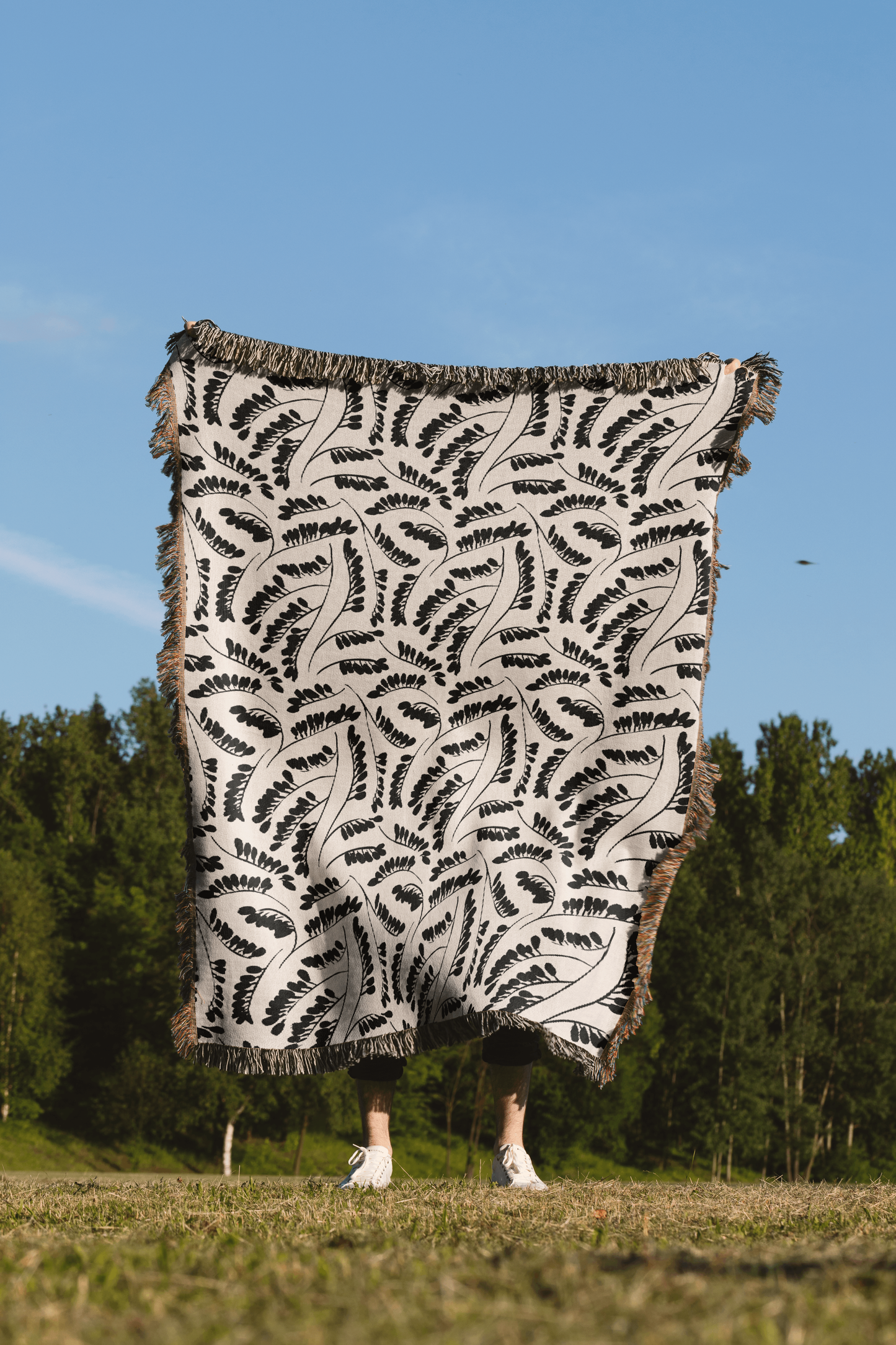 Black and Beige Botanical Leaf Pattern Woven Cotton Blanket