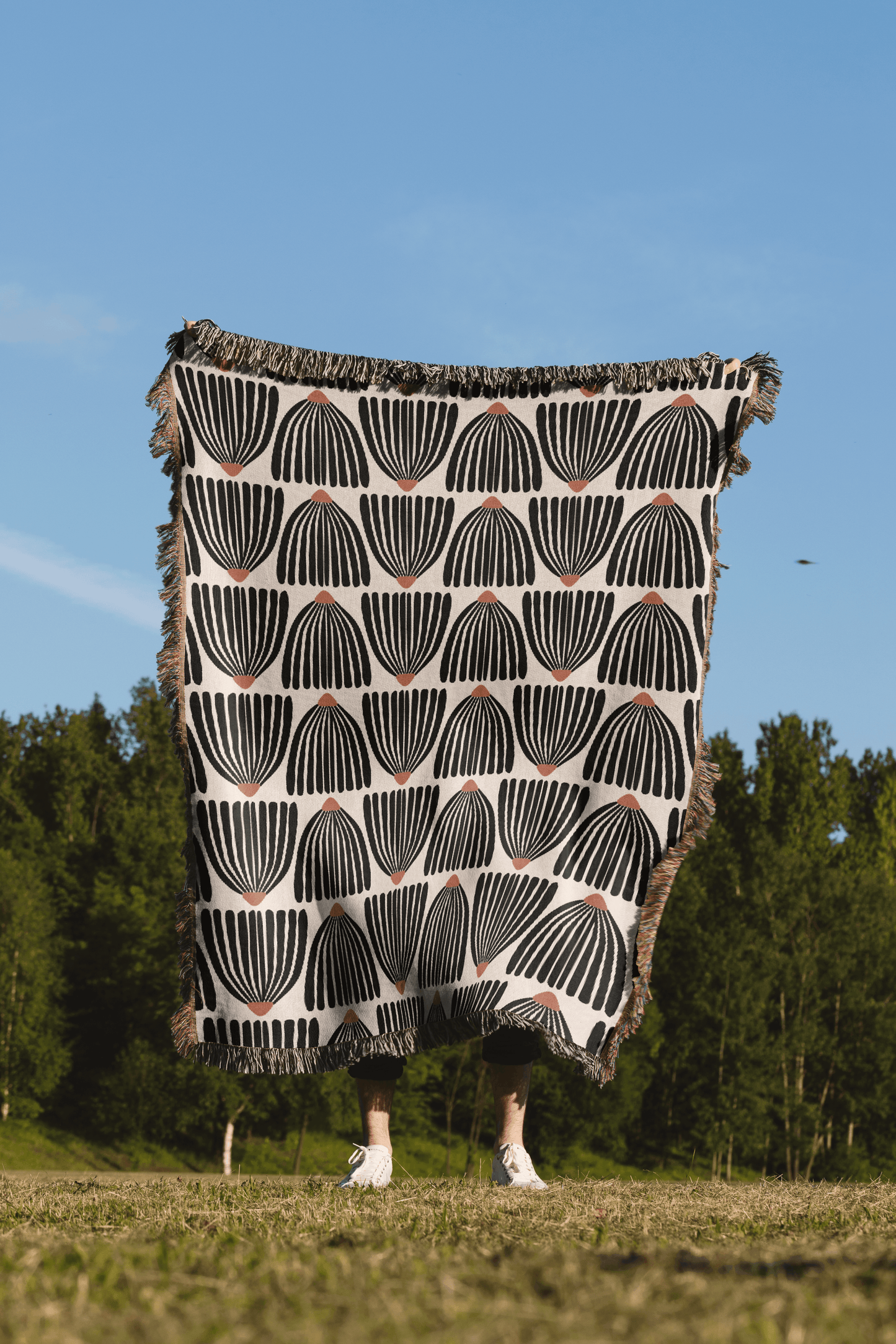 Mid Century Modern Black Flower Pattern Woven Cotton Throw Blankets - Taylor Bassam