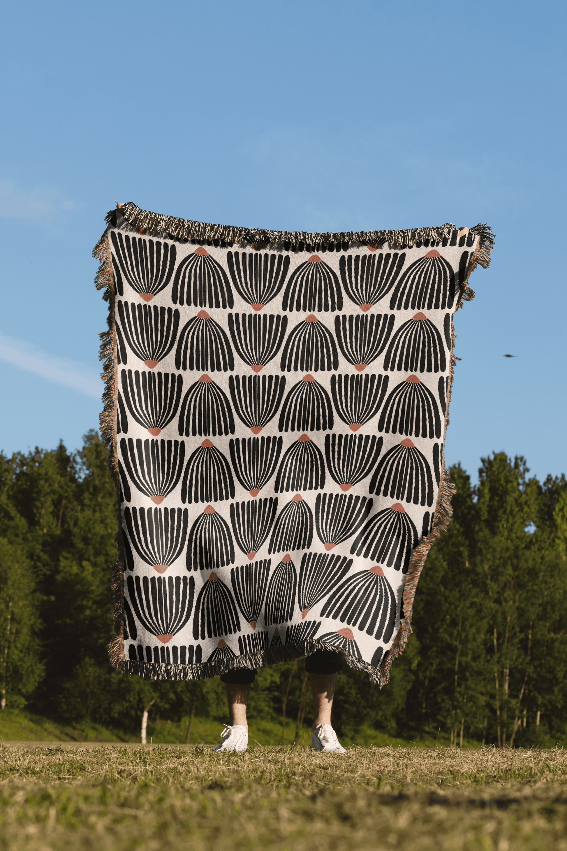 Mid Century Modern Black Flower Pattern Woven Cotton Throw Blankets - Taylor Bassam
