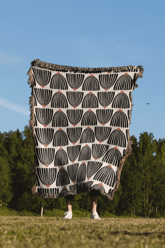 Mid Century Modern Black Flower Pattern Woven Cotton Throw Blankets - Taylor Bassam
