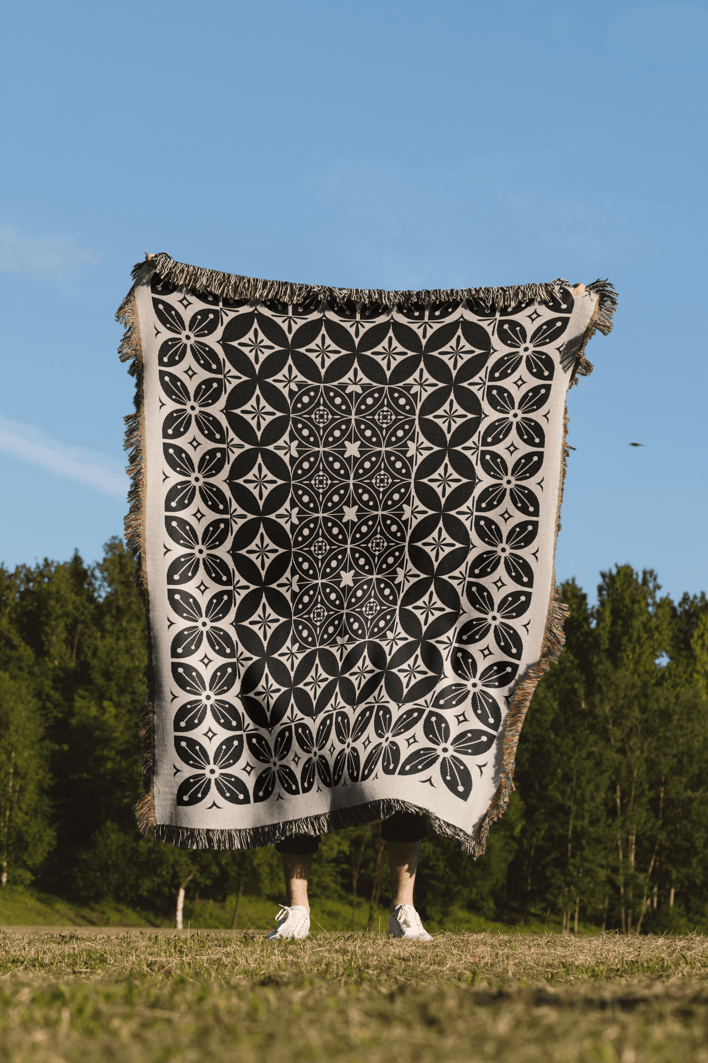 Black and Beige Tile Pattern Woven Cotton Throw Blankets - Taylor Bassam