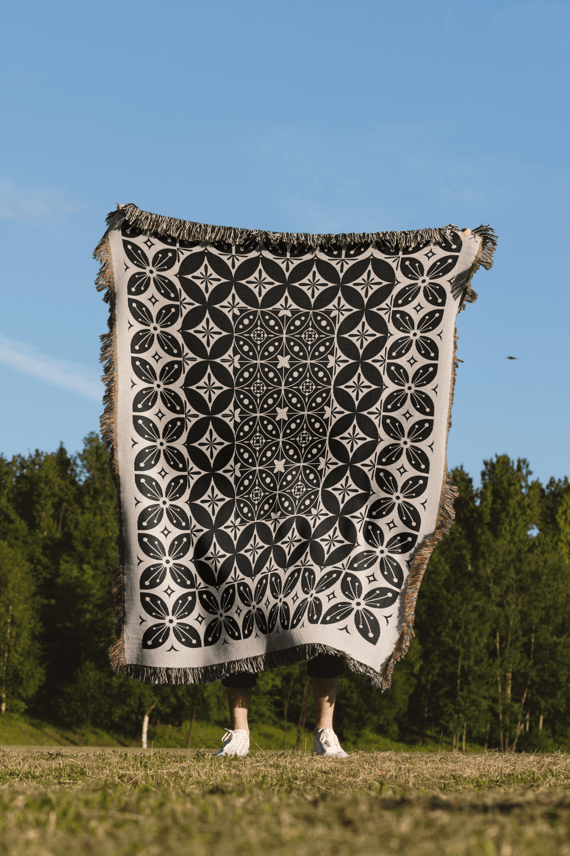 Black and Beige Tile Pattern Woven Cotton Throw Blankets - Taylor Bassam