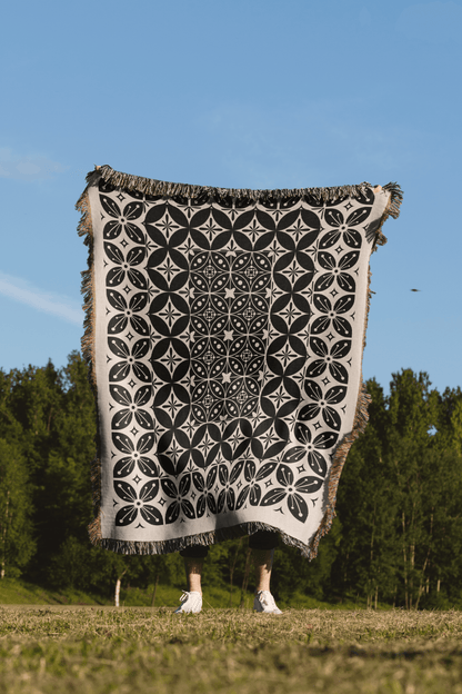 Black and Beige Tile Pattern Woven Cotton Throw Blankets - Taylor Bassam