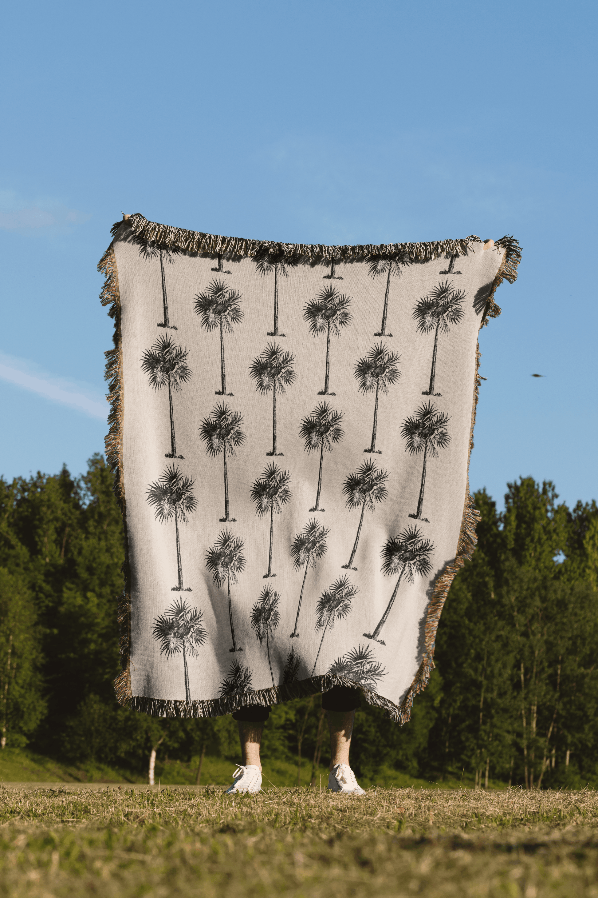 Black and Beige Vintage Palm Tree Woven Cotton Throw Blankets - Taylor Bassam