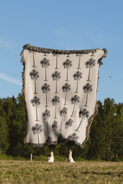 Black and Beige Vintage Palm Tree Woven Cotton Throw Blankets - Taylor Bassam
