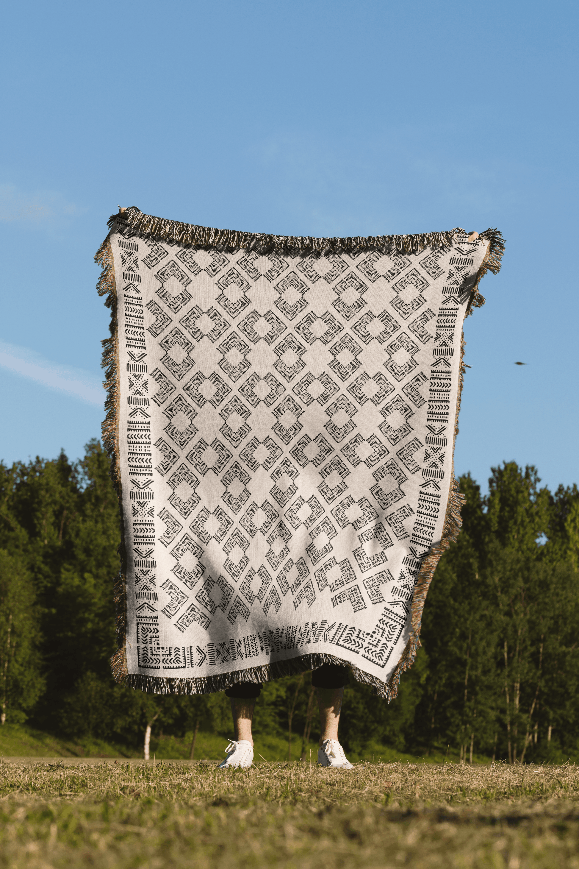 Intricate Boho Motif Black and Beige Woven Cotton Throw Blankets - Taylor Bassam