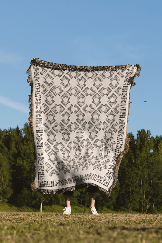 Intricate Boho Motif Black and Beige Woven Cotton Throw Blankets - Taylor Bassam