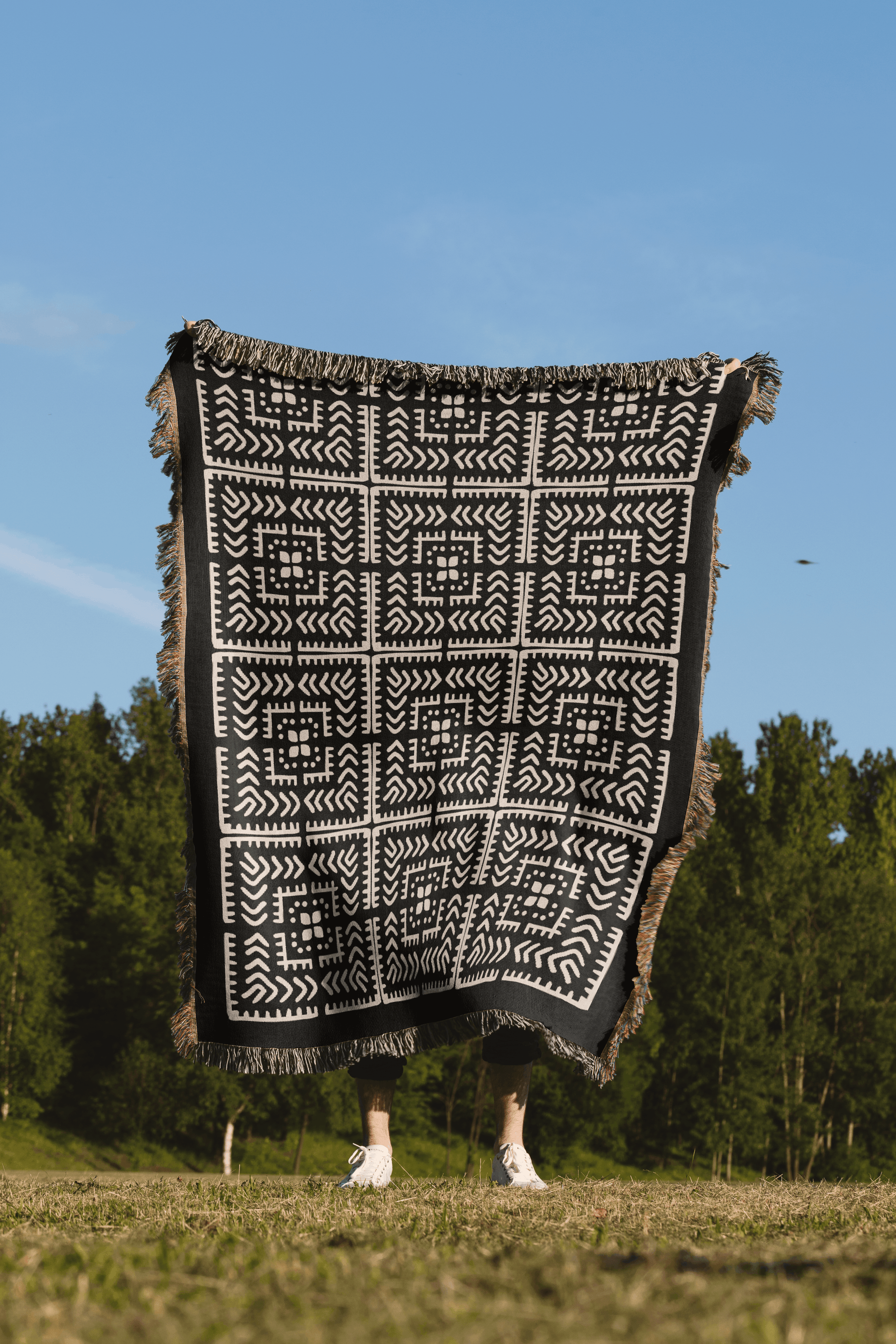 Black and Beige Intricate Motif Pattern Woven Cotton Throw Blankets - Taylor Bassam