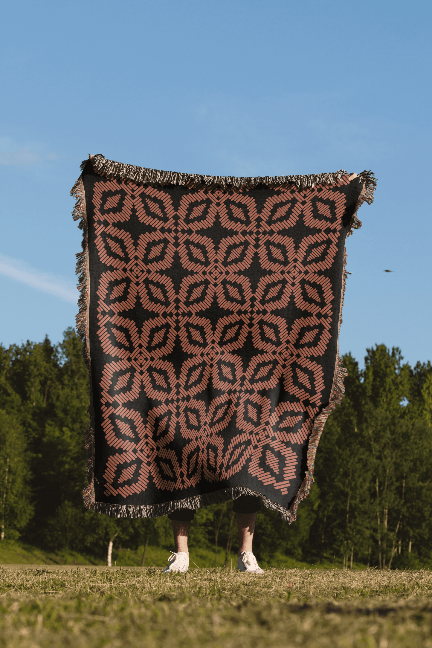 Orange and Black Quilt Pattern Boho Woven Cotton Throw Blankets - Taylor Bassam